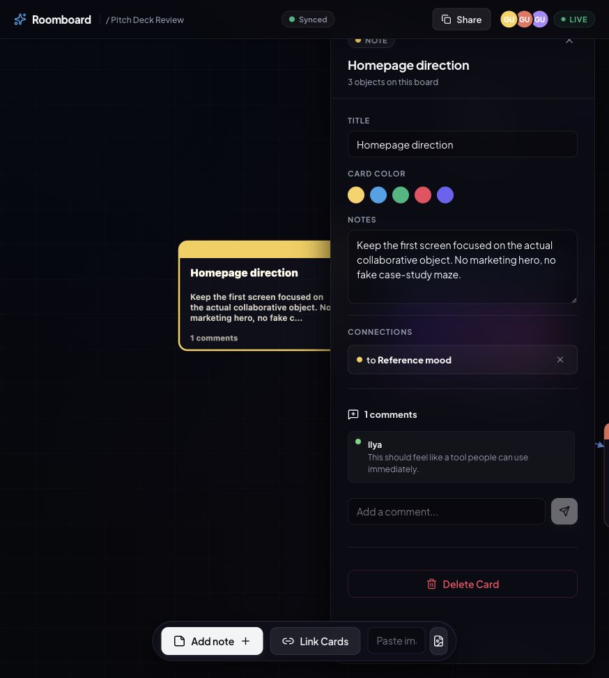 A Roomboard canvas with cards, comments and live cursors